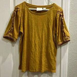 Anthropologie Maeve Top Mustard Yellow Ruffle Sleeve Sz M Boho 100% Cotton